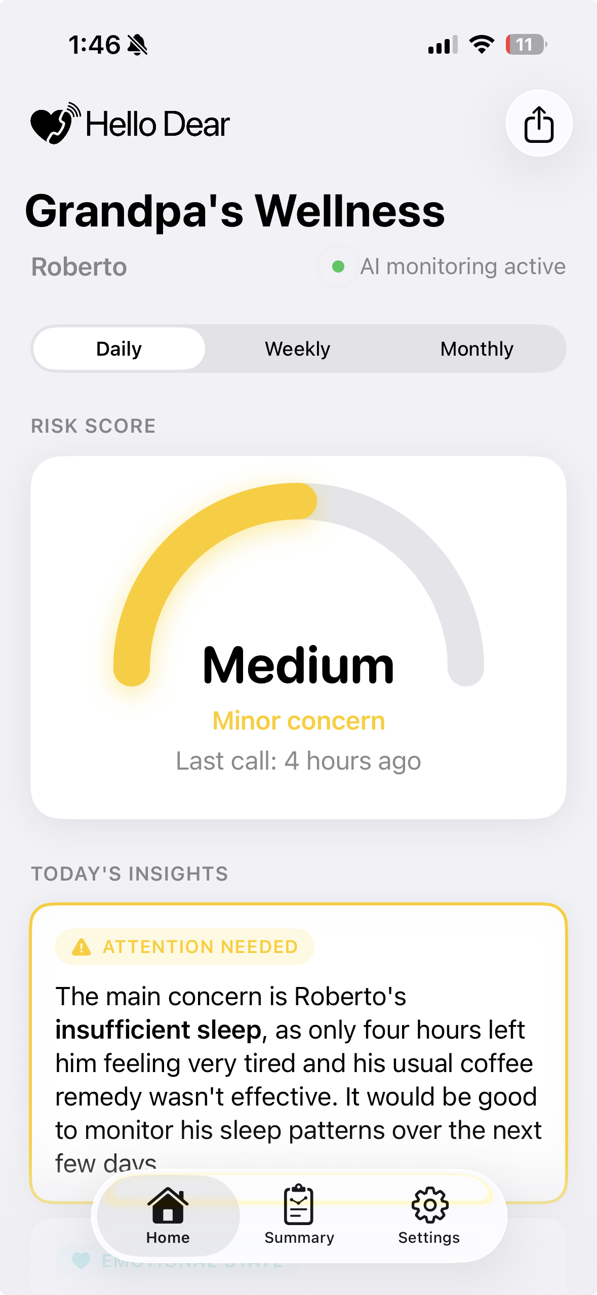 Hello Dear app showing wellness dashboard